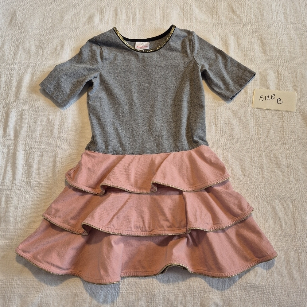Hanna Andersson girls size 130 or 8 gray, gold and light pink short sleeve VGUC